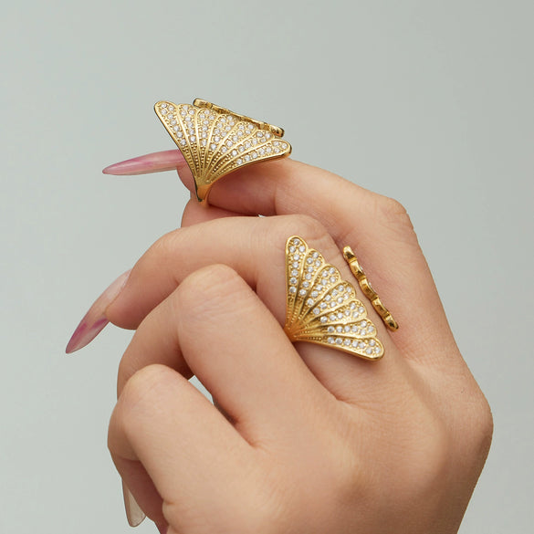 Wholesale Unisex Cold Style Geometric Stainless Steel Peacock Tail Zircon Ring Plated With 18K Real Gold