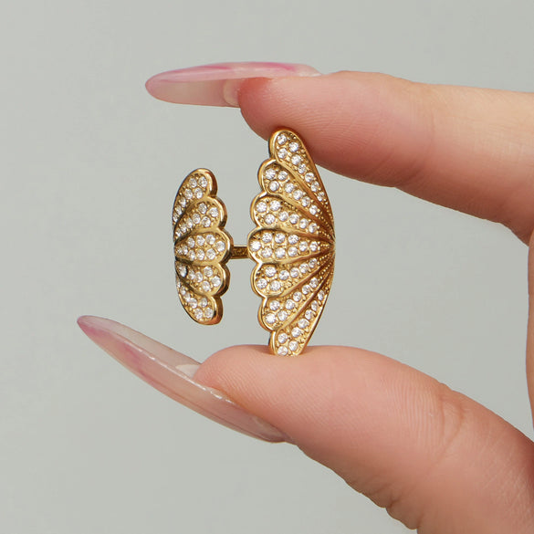 Wholesale Unisex Cold Style Geometric Stainless Steel Peacock Tail Zircon Ring Plated With 18K Real Gold