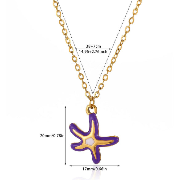 Wholesale Unisex Colorful Oildropping Gold Electroplated Stainless Steel Starfish Pendant Cross Chain Necklace