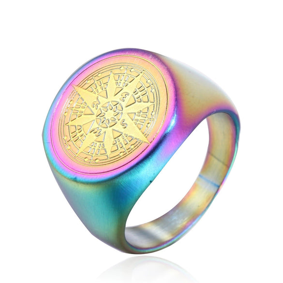 Wholesale Unisex Compass Geometric Stainless Steel Ring With Oil Treatment