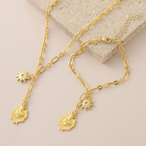 Wholesale Unisex Copper Real Gold Plated Holy Heart Pendant Necklace And Paperclip Bracelet Jewelry Set