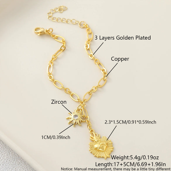 Wholesale Unisex Copper Real Gold Plated Holy Heart Pendant Necklace And Paperclip Bracelet Jewelry Set