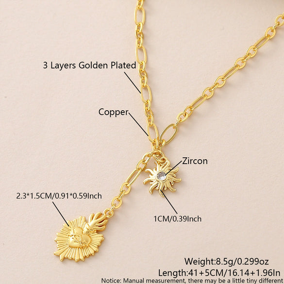 Wholesale Unisex Copper Real Gold Plated Holy Heart Pendant Necklace And Paperclip Bracelet Jewelry Set