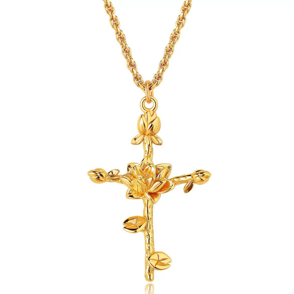Wholesale Unisex Cross Birth Flower Necklace With Ochain Copper And Titanium Steel Electroplated