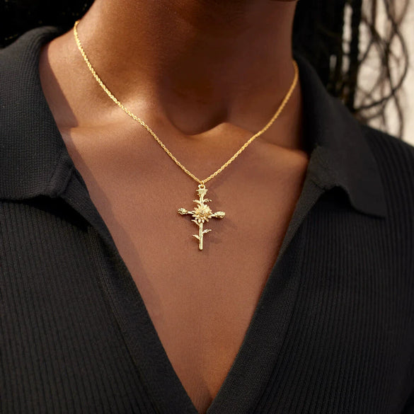 Wholesale Unisex Cross Birth Flower Necklace With Ochain Copper And Titanium Steel Electroplated