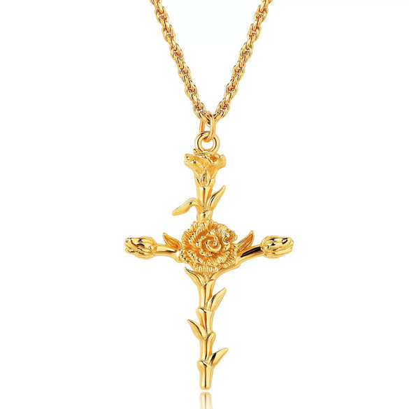 Wholesale Unisex Cross Birth Flower Necklace With Ochain Copper And Titanium Steel Electroplated