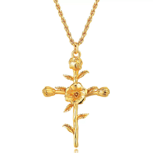 Wholesale Unisex Cross Birth Flower Necklace With Ochain Copper And Titanium Steel Electroplated