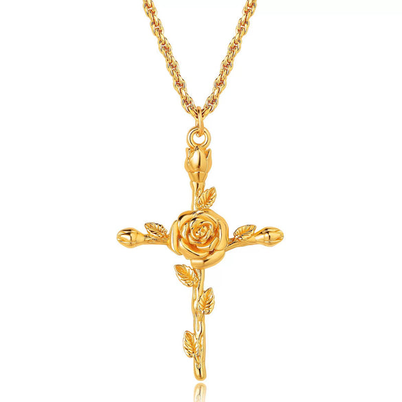 Wholesale Unisex Cross Birth Flower Necklace With Ochain Copper And Titanium Steel Electroplated