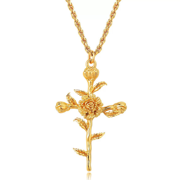 Wholesale Unisex Cross Birth Flower Necklace With Ochain Copper And Titanium Steel Electroplated