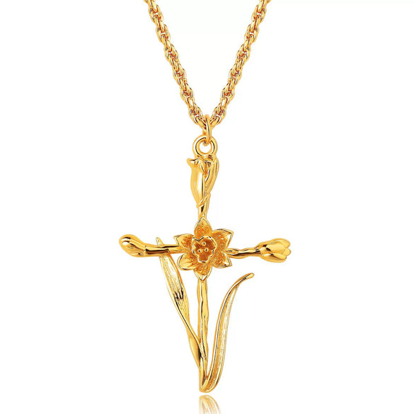 Wholesale Unisex Cross Birth Flower Necklace With Ochain Copper And Titanium Steel Electroplated