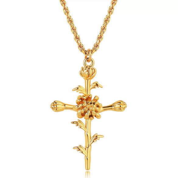 Wholesale Unisex Cross Birth Flower Necklace With Ochain Copper And Titanium Steel Electroplated