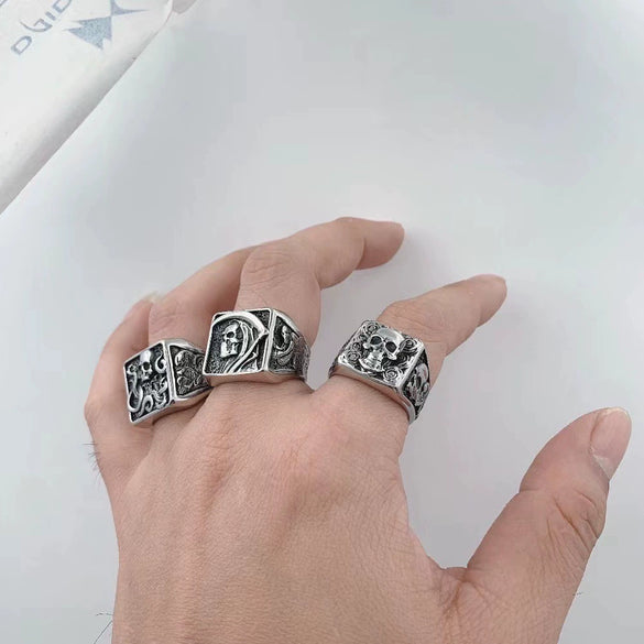 Wholesale Unisex Distressed Geometric Gothic Rose Skull Titanium Steel Ring Jewelry