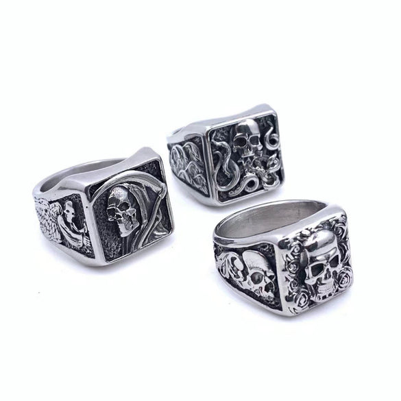 Wholesale Unisex Distressed Geometric Gothic Rose Skull Titanium Steel Ring Jewelry