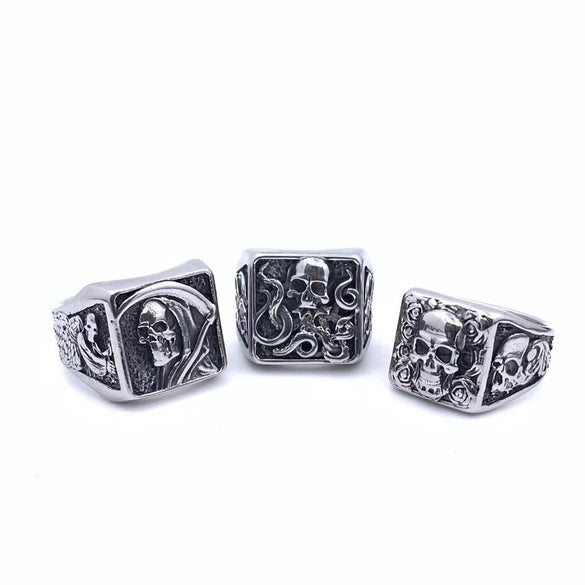 Wholesale Unisex Distressed Geometric Gothic Rose Skull Titanium Steel Ring Jewelry