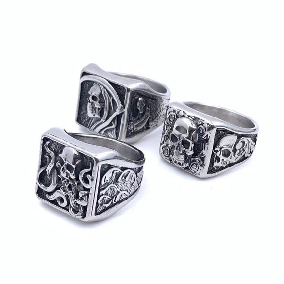 Wholesale Unisex Distressed Geometric Gothic Rose Skull Titanium Steel Ring Jewelry