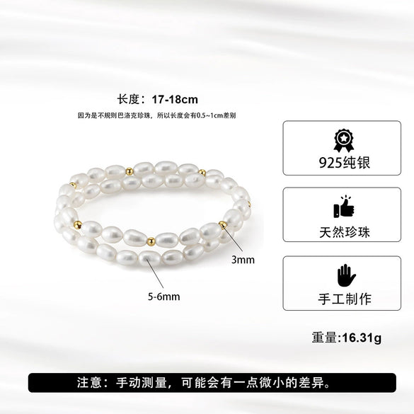 Wholesale Unisex Double Layer Natural Freshwater Pearl Bracelet 925 Sterling Silver Electroplated