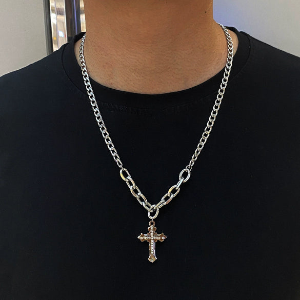 Wholesale Unisex Electroplated Cross Cuban Chain Necklace Made Of Titanium Steel In Boyfriend Style
