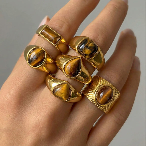Wholesale Unisex Electroplated Geometric Natural Stone Stainless Steel Ring Hand Jewelry