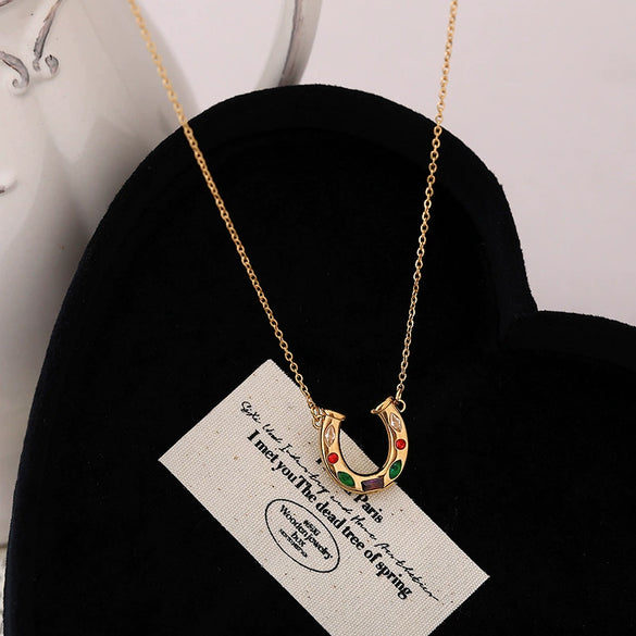 Wholesale Unisex Electroplated Stainless Steel Geometric Ushaped Rainbow Element Horseshoe Kaleidoscope Lucky Symbol Inlaid Zirconium Necklace With Ochain