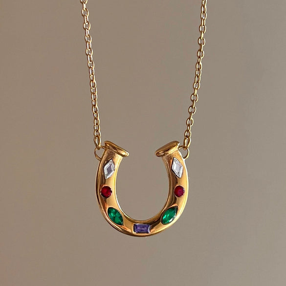 Wholesale Unisex Electroplated Stainless Steel Geometric Ushaped Rainbow Element Horseshoe Kaleidoscope Lucky Symbol Inlaid Zirconium Necklace With Ochain