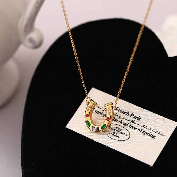 Wholesale Unisex Electroplated Stainless Steel Geometric Ushaped Rainbow Element Horseshoe Kaleidoscope Lucky Symbol Inlaid Zirconium Necklace With Ochain