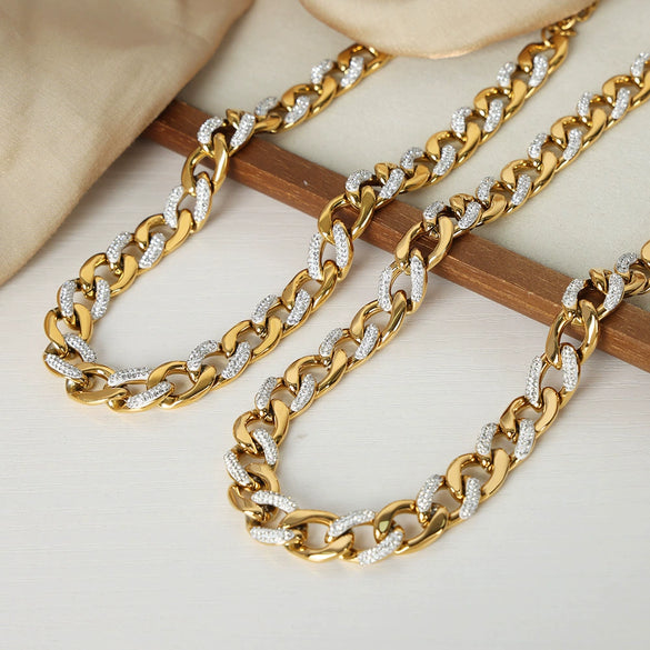 Wholesale Unisex Elegant Light Luxury Cuban Bracelet And Necklace Set In Titanium Steel With Regular Chain And Electroplating Treatment