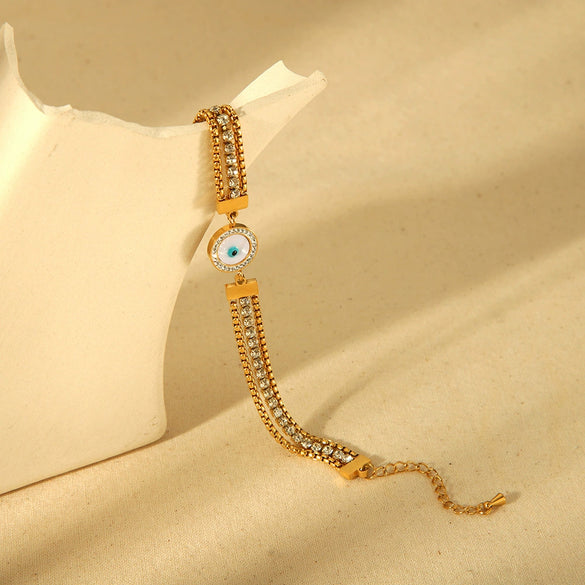 Wholesale Unisex Eyeshaped Geometric Diamond Stainless Steel 18K Gold Plated Threelayer Bracelet