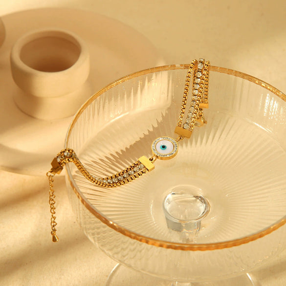 Wholesale Unisex Eyeshaped Geometric Diamond Stainless Steel 18K Gold Plated Threelayer Bracelet