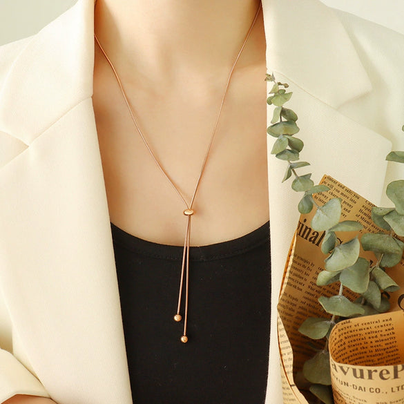 Wholesale Unisex Fashion Geometric Round Bead Pull Buckle Tassel Titanium Steel Electroplated 18K Gold Jewelry Set Of Necklace Bracelet And Anklet