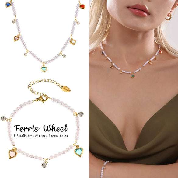 Wholesale Unisex Fashion Pearl Heart Ferris Wheel Multi Accessories Tassel Necklace Jewelry Set Made Of Titanium Steel Shell Beads Zircon And Copper With Electroplating
