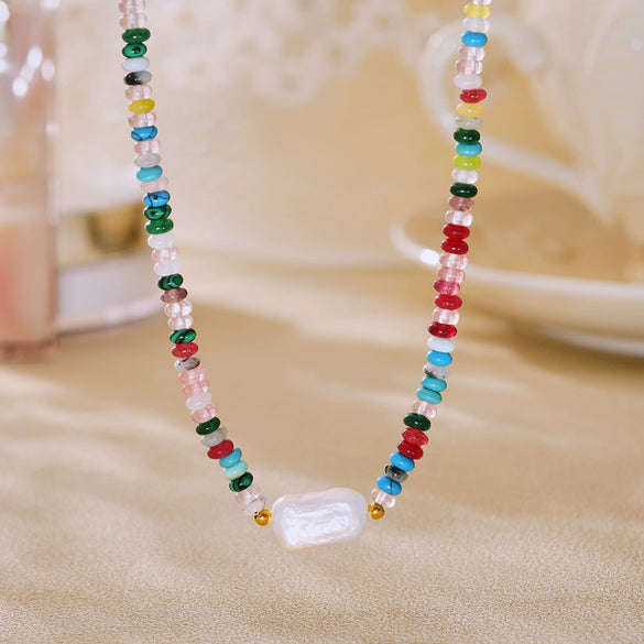 Wholesale Unisex Ferris Wheel Colorful Natural Stone Beaded Necklace With Freshwater Rice Pearl Simple Geometric Titanium Steel Electroplated Clavicle Chain
