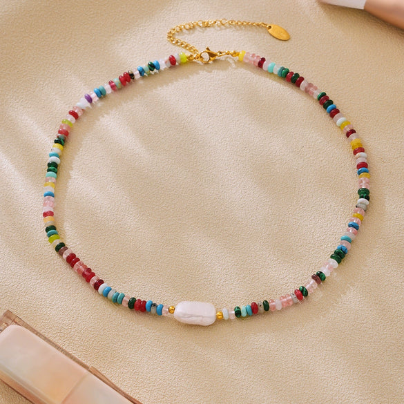 Wholesale Unisex Ferris Wheel Colorful Natural Stone Beaded Necklace With Freshwater Rice Pearl Simple Geometric Titanium Steel Electroplated Clavicle Chain