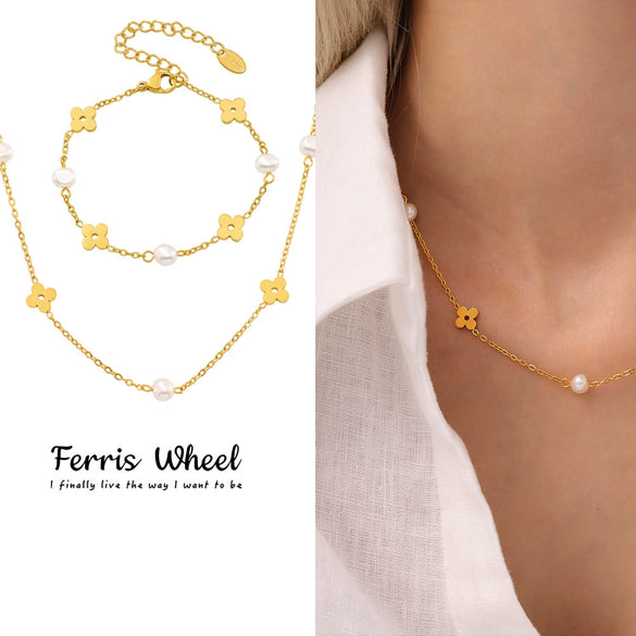 Wholesale Unisex Ferris Wheel Four Leaf Flower Electroplated Titanium Steel Necklace And Bracelet Jewelry