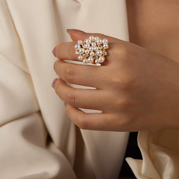 Wholesale Unisex Geometric Asymmetric Design Inlaid Zircon Imitation Pearl Titanium Steel Electroplated Ring