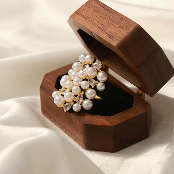 Wholesale Unisex Geometric Asymmetric Design Inlaid Zircon Imitation Pearl Titanium Steel Electroplated Ring