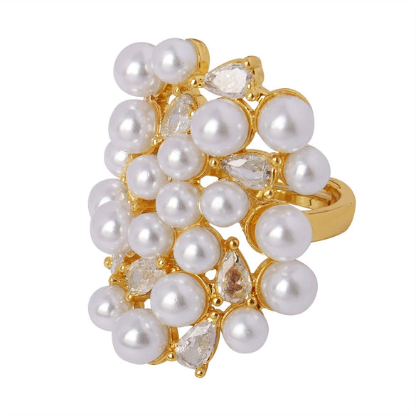 Wholesale Unisex Geometric Asymmetric Design Inlaid Zircon Imitation Pearl Titanium Steel Electroplated Ring
