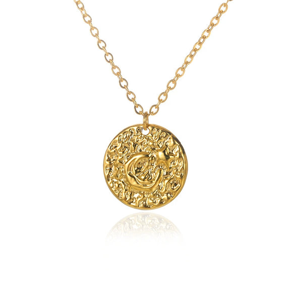 Wholesale Unisex Geometric Copper Coin Pendant Necklace With Embossed Sun Moon And 18K Gold Plated Cross Chain