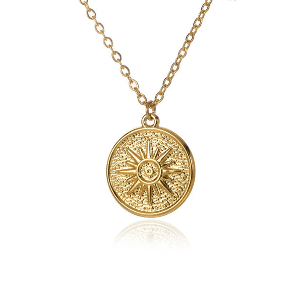 Wholesale Unisex Geometric Copper Coin Pendant Necklace With Embossed Sun Moon And 18K Gold Plated Cross Chain
