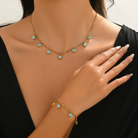 Wholesale Unisex Geometric Electroplated Stainless Steel Hexagonal Shell Necklace And Bracelet Set