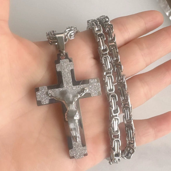Wholesale Unisex Geometric Embossed Frosted Cross Pendant Titanium Steel Electroplated Necklace With String Of Pearls Chain