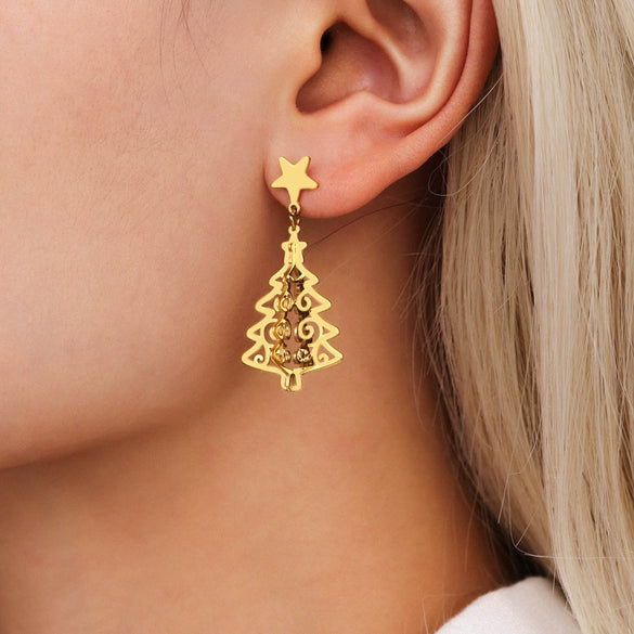 Wholesale Unisex Geometric Ferris Wheel And Tree Of Life Hollow Earrings Titanium Steel 18K Gold Plated