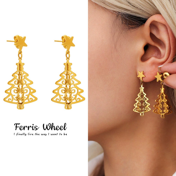 Wholesale Unisex Geometric Ferris Wheel And Tree Of Life Hollow Earrings Titanium Steel 18K Gold Plated