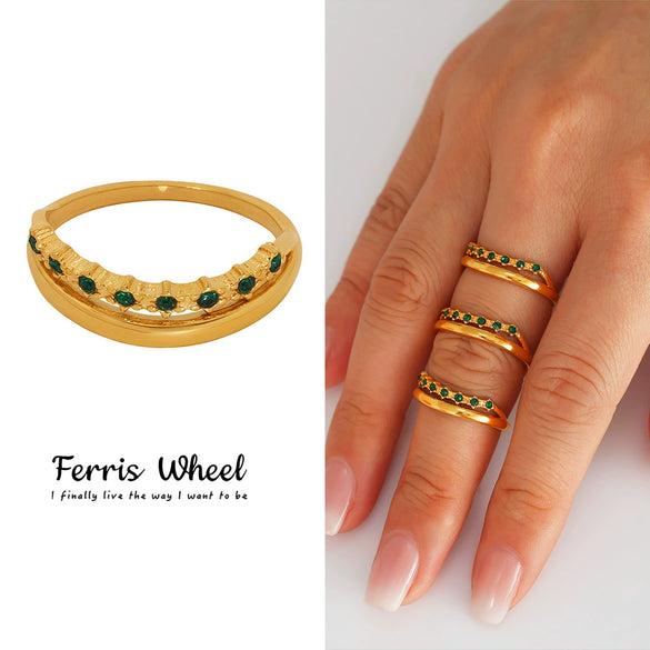 Wholesale Unisex Geometric Ferris Wheel Doublelayer Ring Gold Plated Stainless Steel And Zircon Jewelry
