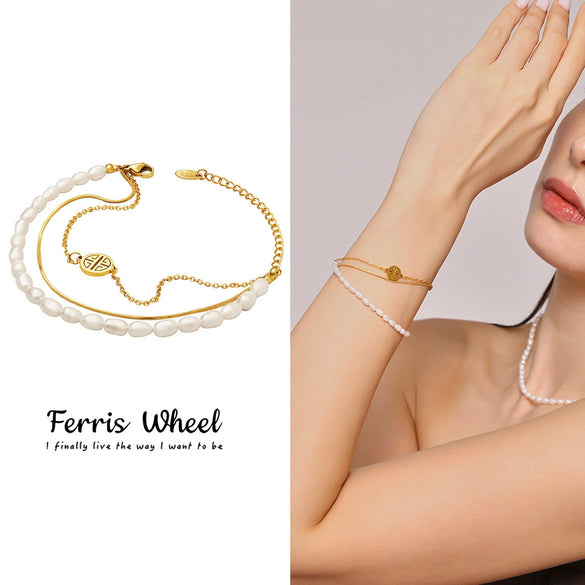 Wholesale Unisex Geometric Freshwater Pearl And Titanium Steel Goldplated Bracelet With Ferris Wheel Design