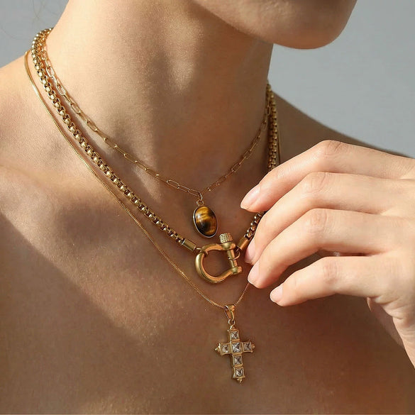 Wholesale Unisex Geometric Gold Plated Titanium Steel Stacking Cuban Chain Cross Necklace