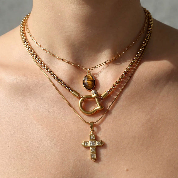 Wholesale Unisex Geometric Gold Plated Titanium Steel Stacking Cuban Chain Cross Necklace