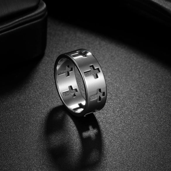 Wholesale Unisex Geometric Hollow Cross Titanium Steel Ring With Electroplating