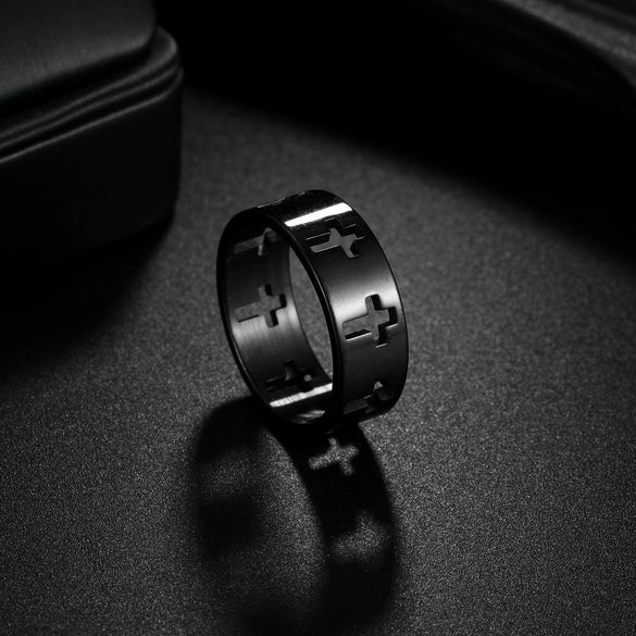 Wholesale Unisex Geometric Hollow Cross Titanium Steel Ring With Electroplating