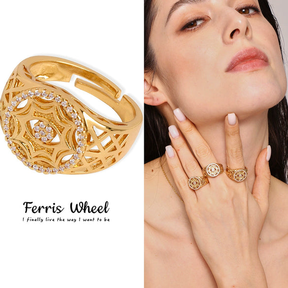Wholesale Unisex Geometric Hollow Electroplated Inlaid Zircon Copper And Titanium Steel Ring