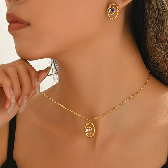 Wholesale Unisex Geometric Oval Flower Eye Zircon Stainless Steel Electroplated Necklace